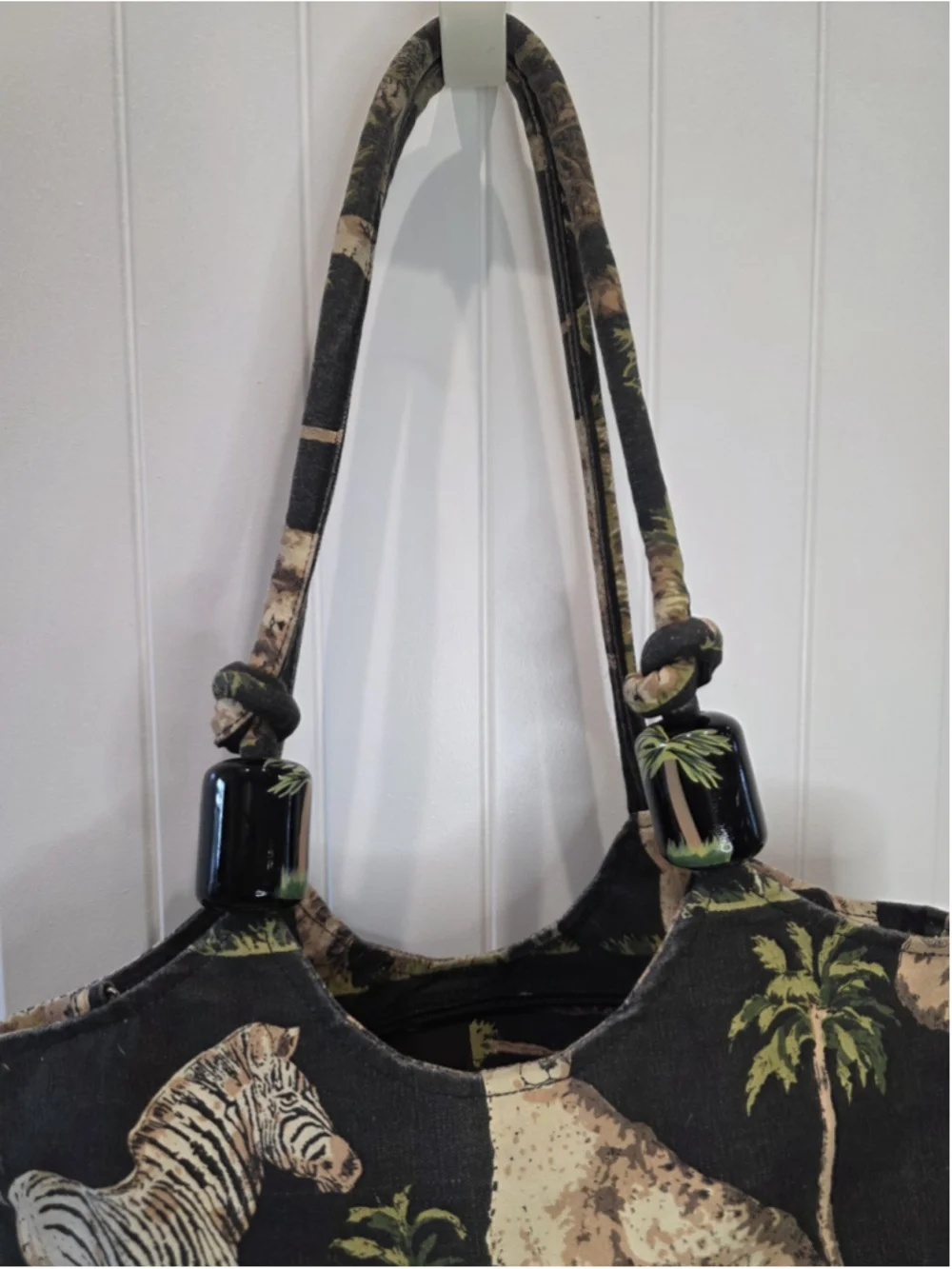 Safari Animal Print Cotton Tote Bag Elephant Zebra Palm Trees Zip Closure Pocket